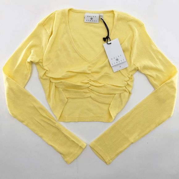 NWT Urban Outfitters Daisy Street Yellow Ruched Long Sleeve Crop Top Size S - Picture 2 of 5